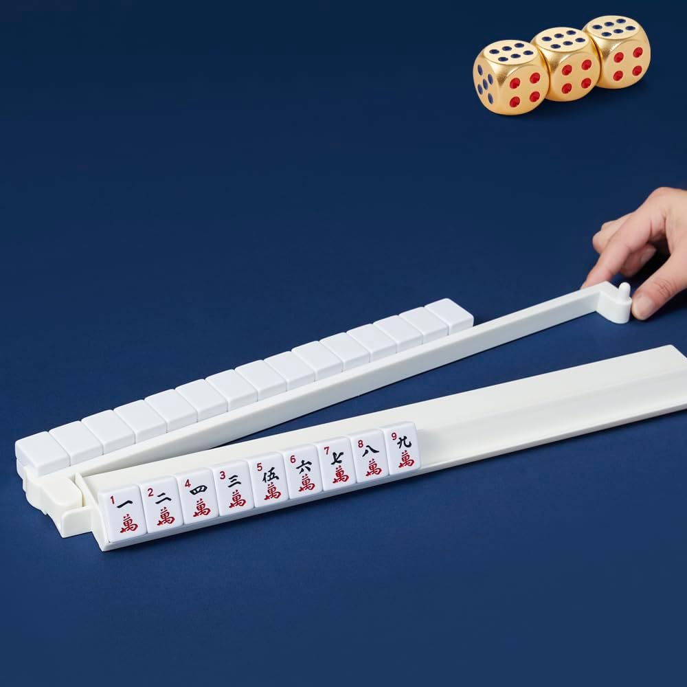 Mahjong All-in-One Tile Rack & Pusher, Acrylic Mahjong Combo, Enhanced Mah Jongg Tile Holders Set of 4 with 3 Goldern Dics (Beige White)