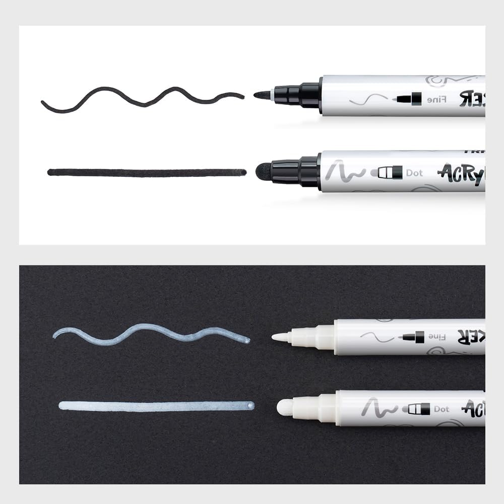 TRANSON 4 Black and 4 White Paint Markers Bold and Fine Dual-tip Acrylic Paint Marker Set for Rock Painting Glass Canvas Wood Leather Ceramic Painting