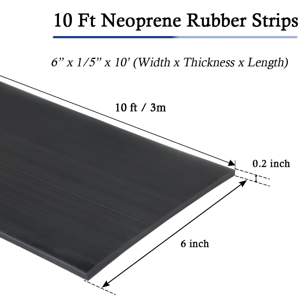 Neoprene Rubber Strips Self Adhesive Solid Rubber Sheets, Rolls & Strips for DIY Gaskets Crafts Pads Seals Warehouse Flooring Neoprene Sheet with Adhesive Backing (6" Wide x 1/5" Thick x 10' Long)