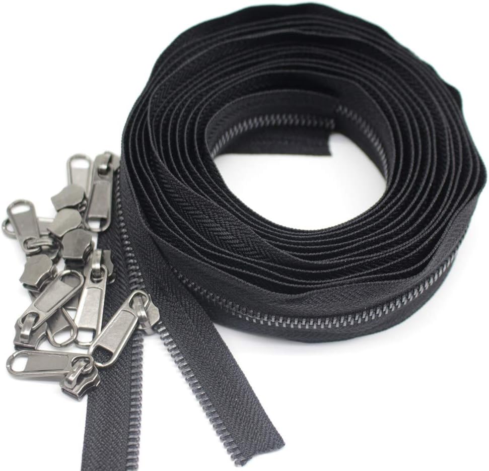 YaHoGa #5 Metal Zippers by The Yard Bulk 4 Yards + 10 pcs Sliders for Bags DIY Sewing Tailor Crafts (Black Nickel Teeth)