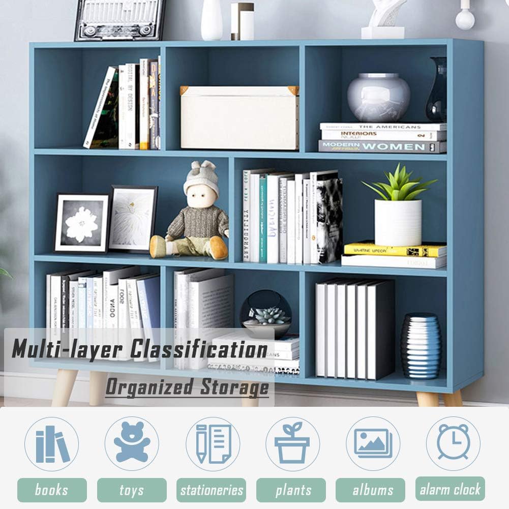 IOTXY Wooden Open Shelf Bookcase - 3-Tier Floorstanding Display Cabinet Rack with Legs, 8 Cubes Free Standing Bookshelf, Bright Blue
