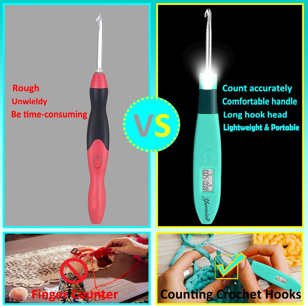 Yarniss 18 Size Counting Crochet Hooks with Light, Digital Counter Crochet Hooks Set with Case (2.0mm~14.0mm)