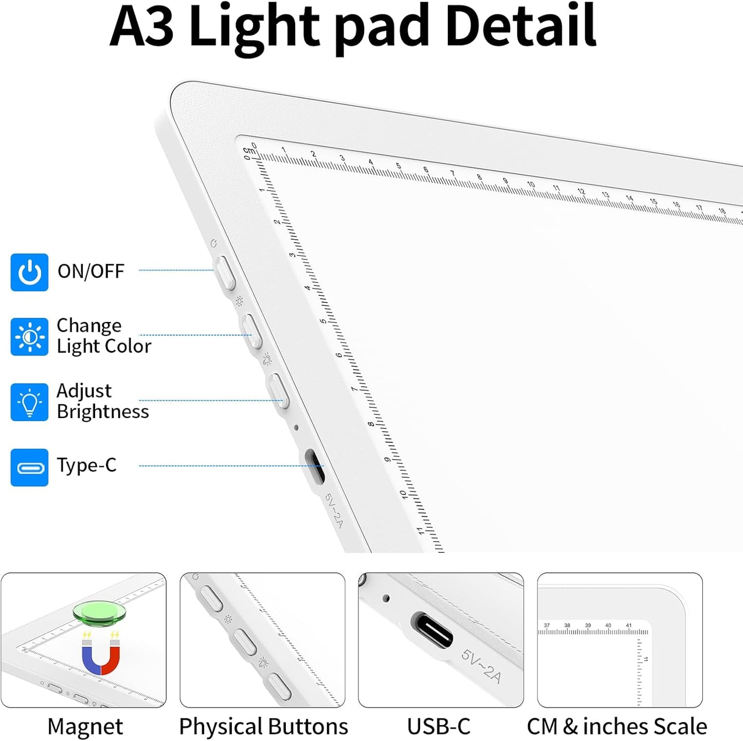 TOHETO A3 Light Board with Bag for Diamond Painting, Super Bright Magnetic Light Pad with Side Buttons, Lightbox for Tracing and Drawing, Corded Light Table for Sketching, Weeding Vinyl (White)
