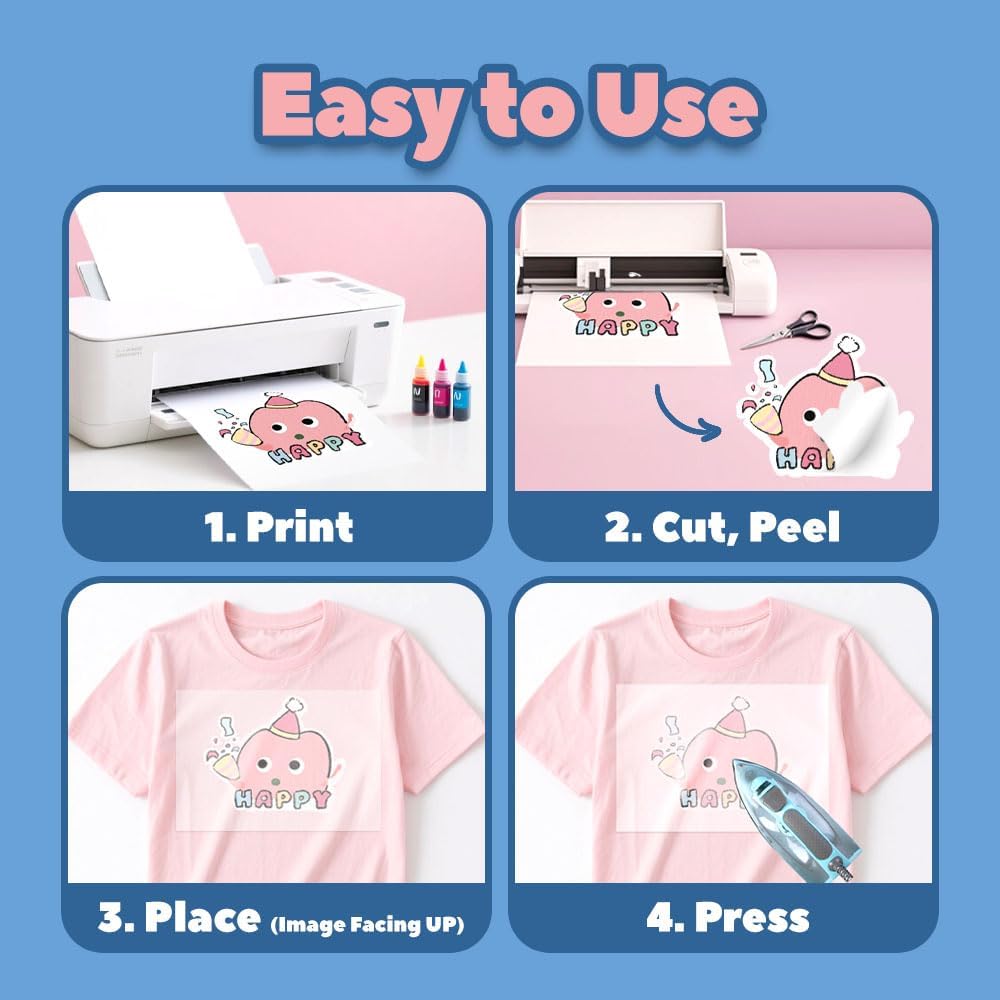 TranSmile PU-Heat Transfer Paper for T Shirts (30 Sheets, 8.5x11'', Light), Iron on Transfers for Light Fabric, Printable Heat Transfer Vinyl for Inkjet Printer