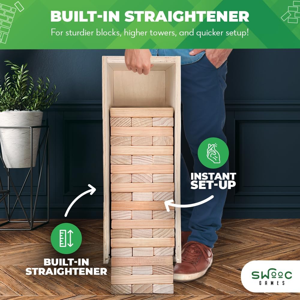 SWOOC GamesĀ® - Giant Tower Game with 3-in-1 Straightener, Table & Storage Box - 90% Faster Set Up with Transforming Box & Straightener - Starts at 2-4ft - Grows to Over 6ft - Large Outdoor Yard Games