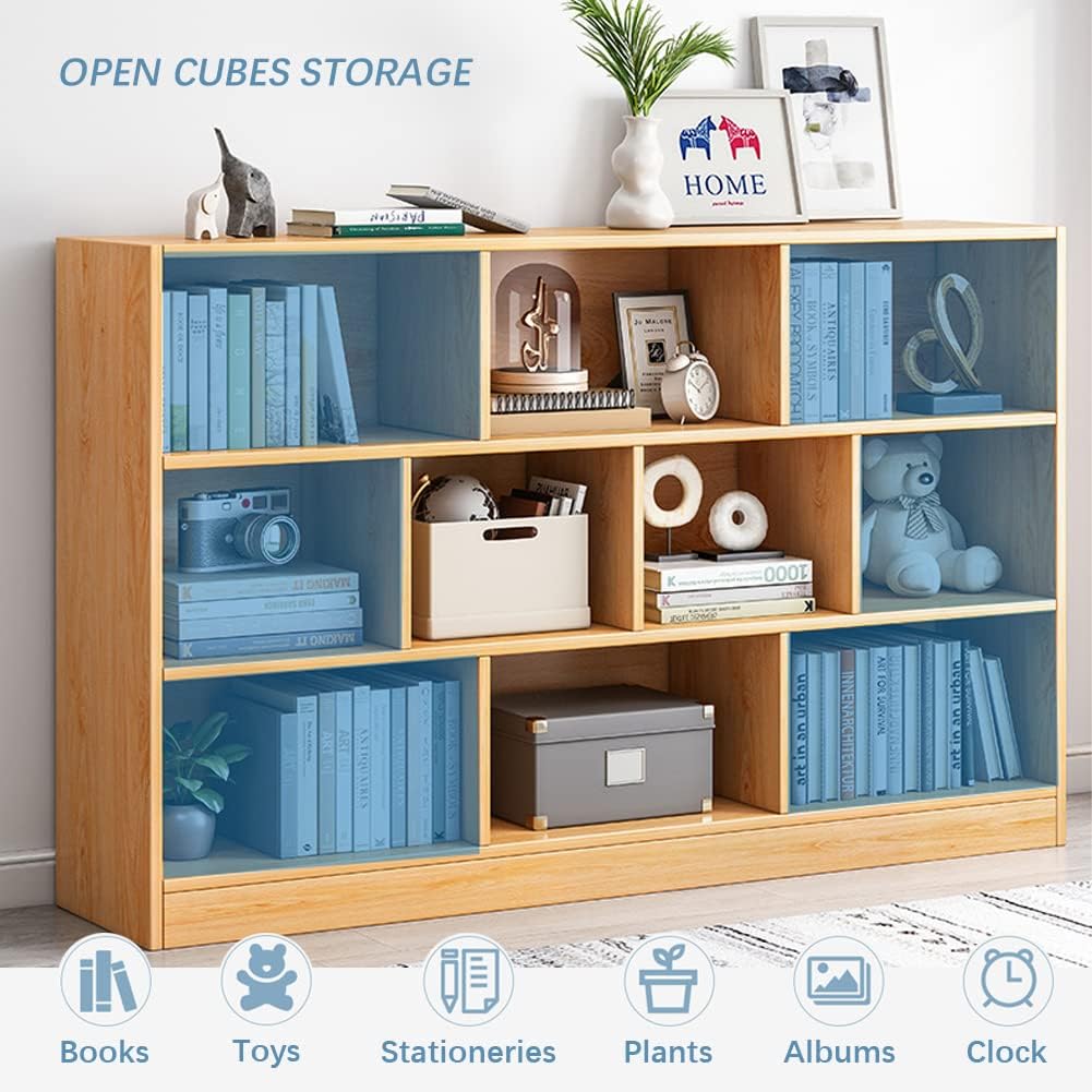 IOTXY Open Shelf Low Bookcase - Wooden 3-Tier Floor Standing Display Cabinet Organizer with Base, 7 Cubes Short Horizontal Bookshelf in Warm White