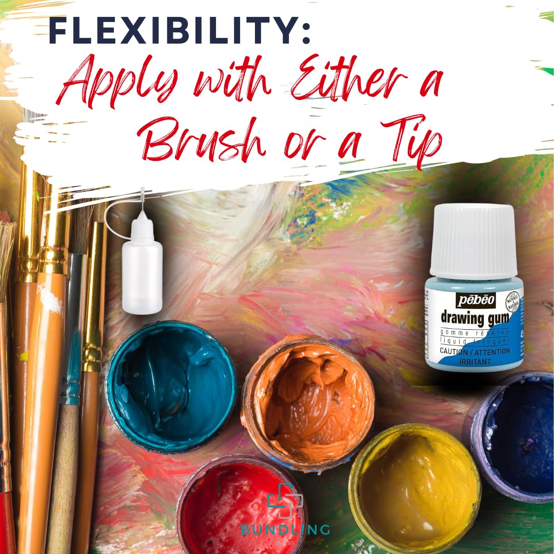 Pebeo Drawing Gum Masking Fluid 45ml ā Quick-Dry, Easy-Peel for Watercolor & Painting ā Includes Bundling Bliss Applicator Tip & Brushes (3-Piece Set)