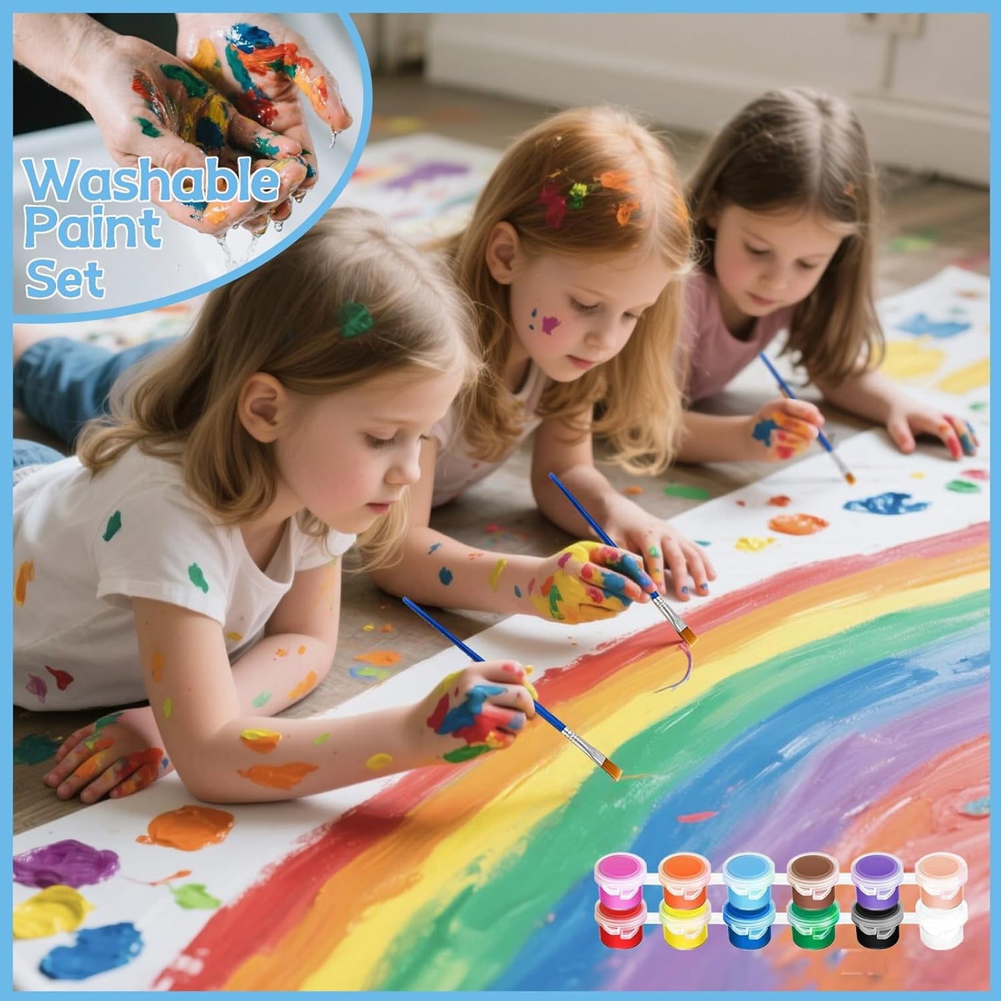 OLINGYOU 50 Pack Mini Acrylic Paint Set, 12 Colors Washable Paint Strips for Kids & Adults - Includes 100 Brushes, 600 PCS Kids Paint Kits for Easter Eggs, Birthday, Classroom Party,School Supplies