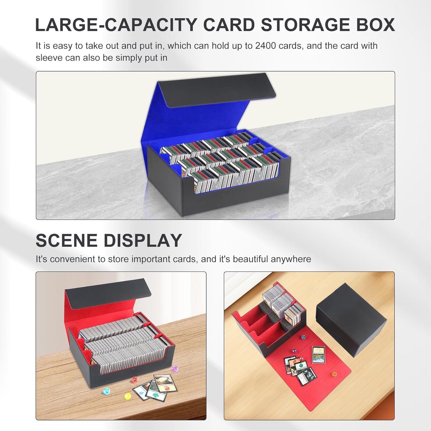 Card Storage Box for Trading Cards,2400+ Leather Magnetic Closure Commander Storage Box,Protectors Fit for YuGiOh, MTG and Sport Cards (Black, red, 2400+)