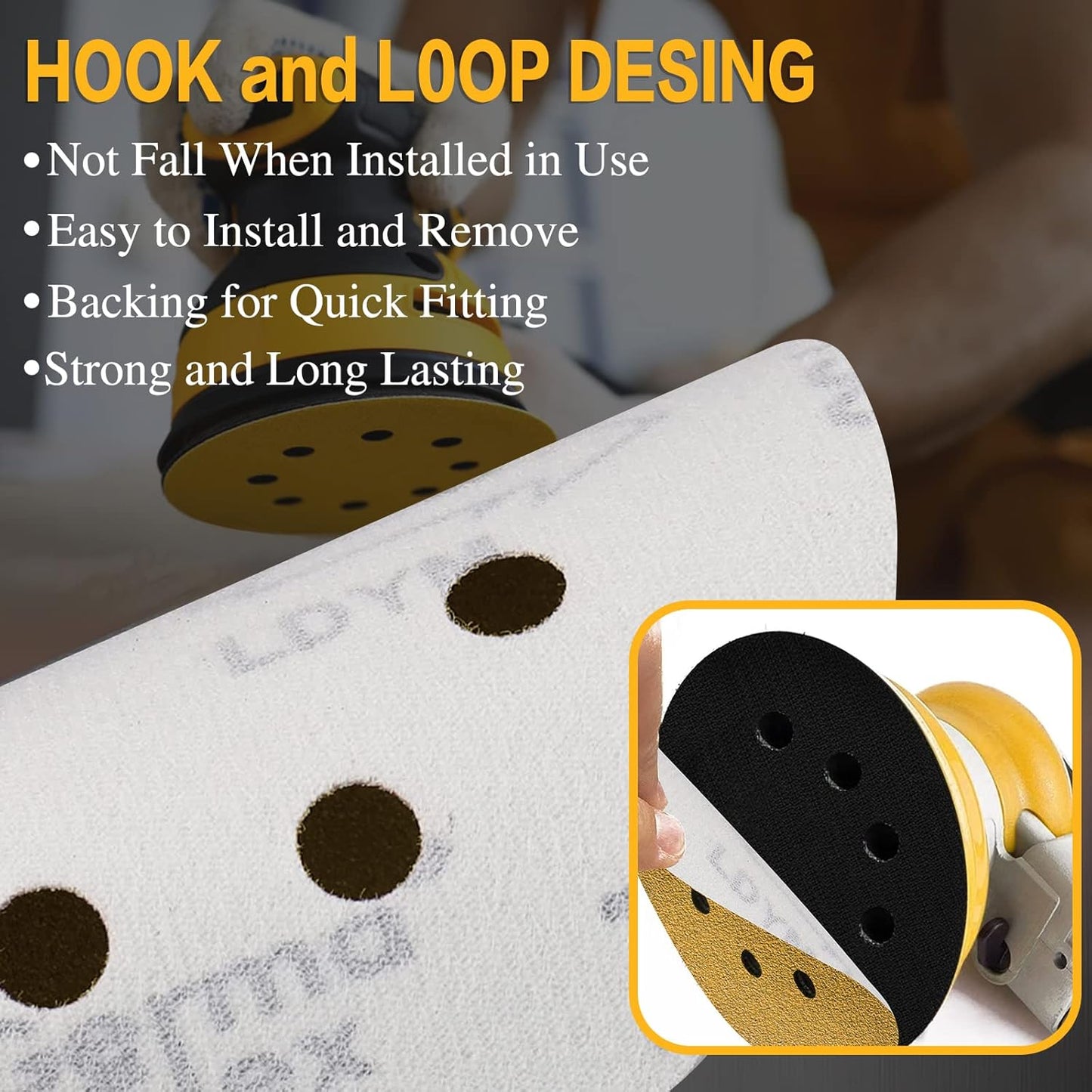 100PCS 5 Inch 8 Hole Sanding Discs 320 Grit,Gold Round Hook and Loop Sandpaper for Random Orbital Sander