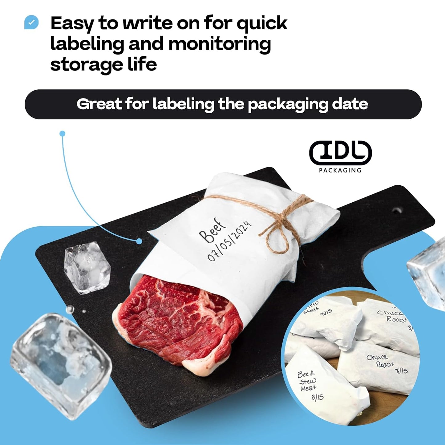 White Freezer Paper 24" x 13200" (1100 feet) with Cutter - USA-made Large Freezer Paper Roll for Meat & Fish - Poly-Coated Food Wrapping Material for Freezing by IDL Packaging