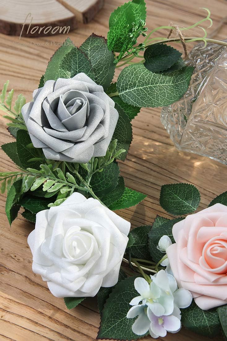 Floroom Artificial Flowers 25pcs Real Looking White Foam Fake Roses with Stems for DIY Wedding Bouquets Bridal Shower Centerpieces Floral Arrangements Party Tables Home Decorations