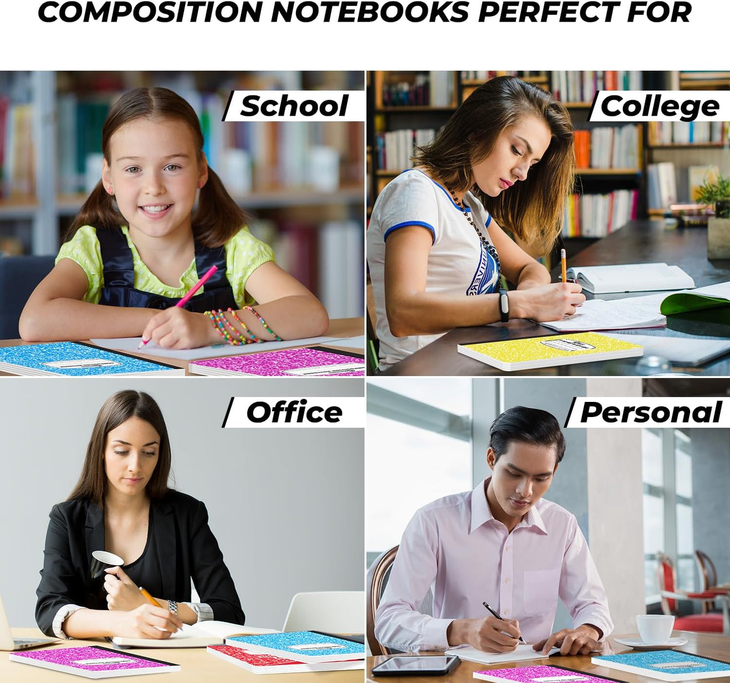 Rosmonde 12 Pack Bulk Composition Notebook Wide Ruled, 200 Pages (100 Sheets), 9-3/4 x 7-1/2", Hard Cover Wide Ruled Notebook Bulk, Assorted Colors Composition Notebook For School, Colors May Repeat