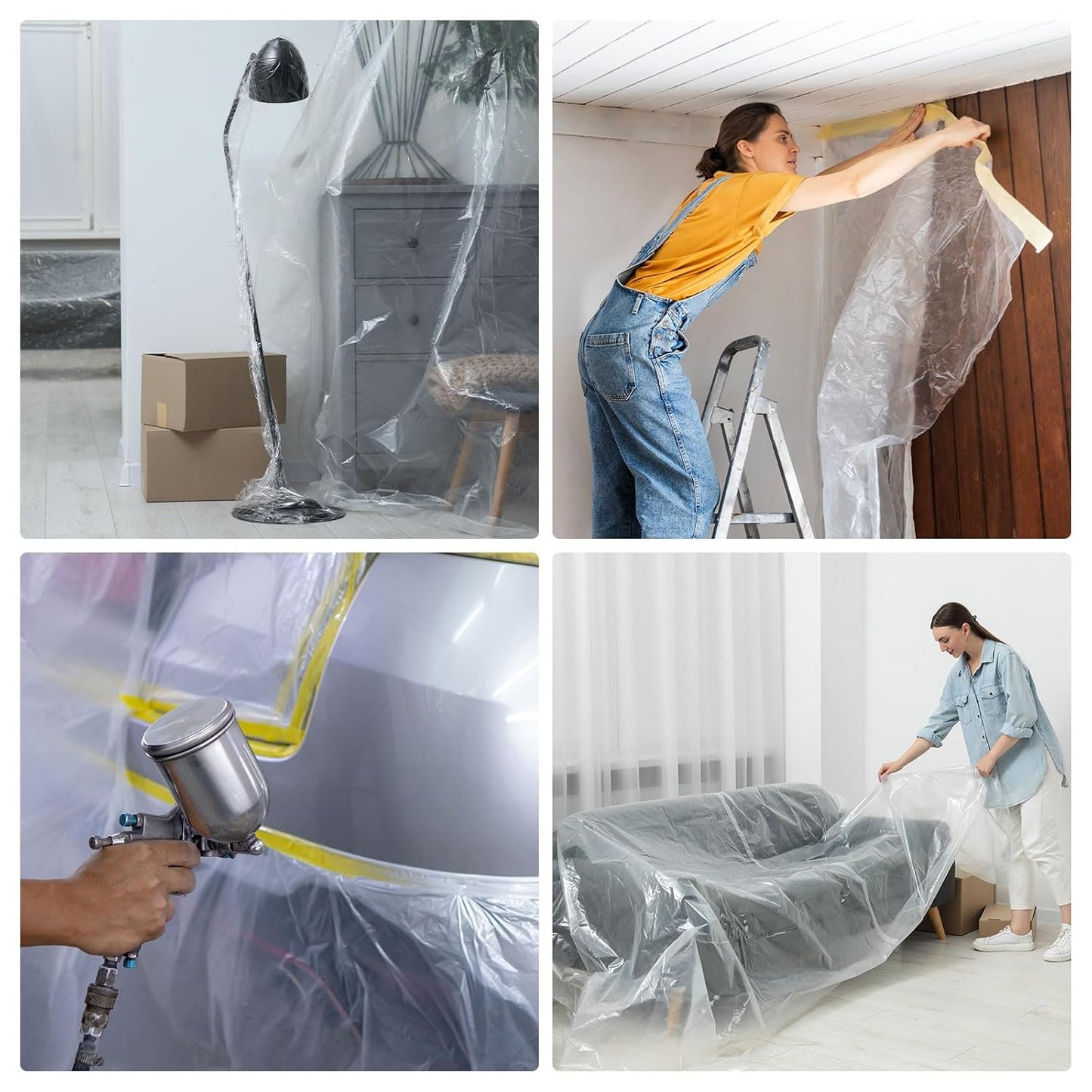 HARFINGTON 3 Rolls Pre-Taped Masking Film 157.5" x32.8ft Double Adhesive Tape and Drape Painters Plastic Drop Cloth Film with Tape Plastic Sheeting for Automotive Painting Covering