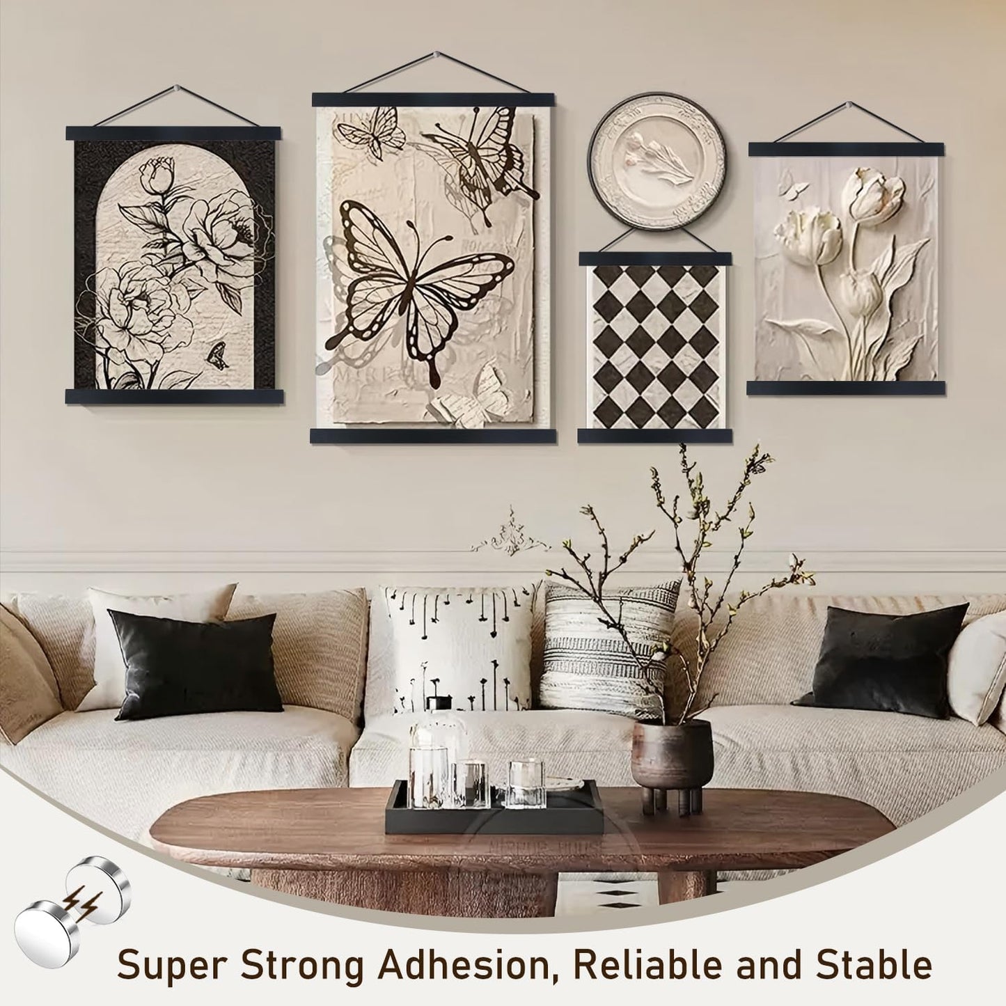 Artmag Magnetic Poster Hanger Frame, 37x45 37x40 37x25 Light Wood Wooden Magnet Canvas Artwork Print Poster Hangers Frames Hanging Kit (Black, 37")