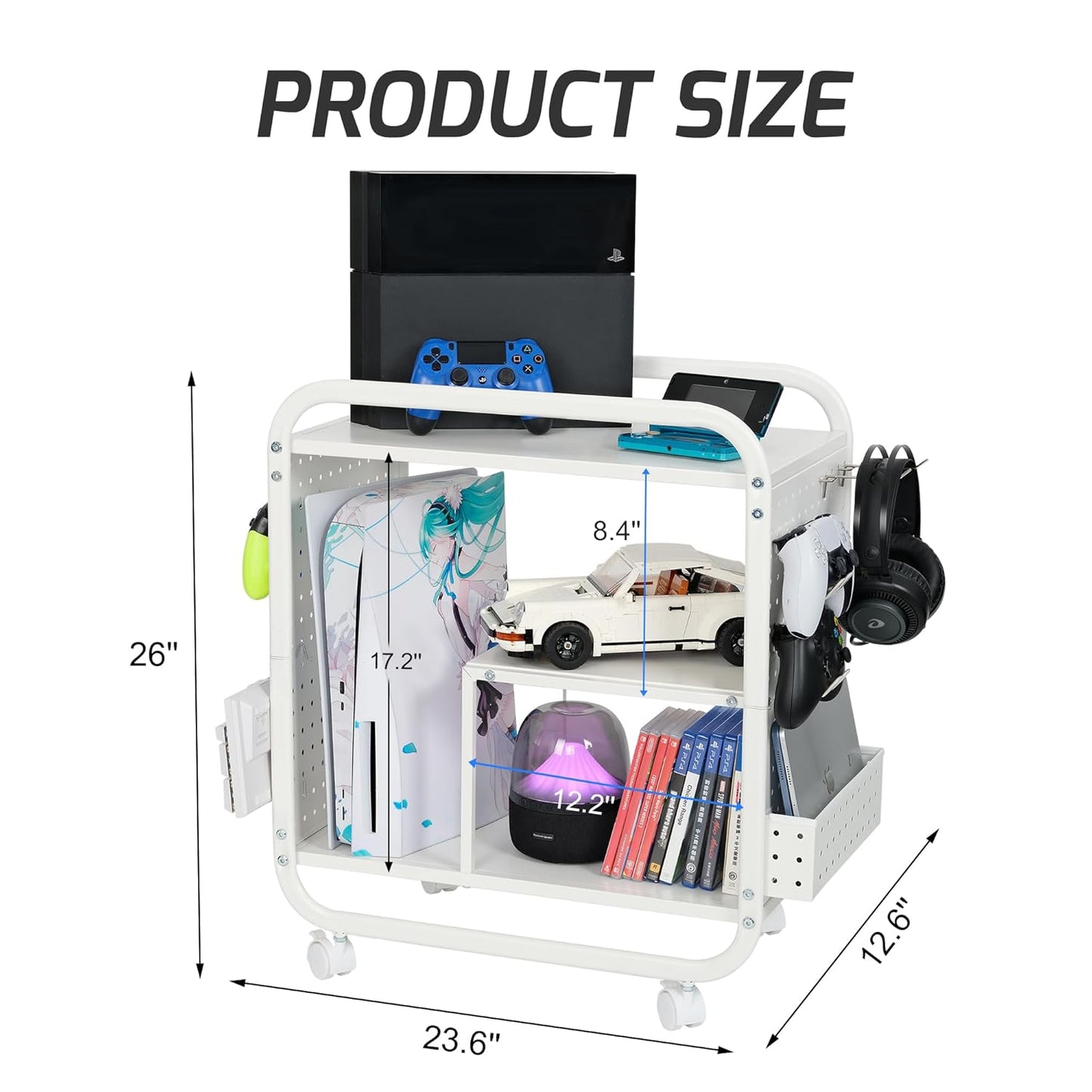 PLKOW Video Game Organizer, Rolling Video Game Storage Rack for Xbox/Switch/PS4/PS5 Accessories, Game Consoles Stand Controllers Holder, Perfect Holiday Present (White)
