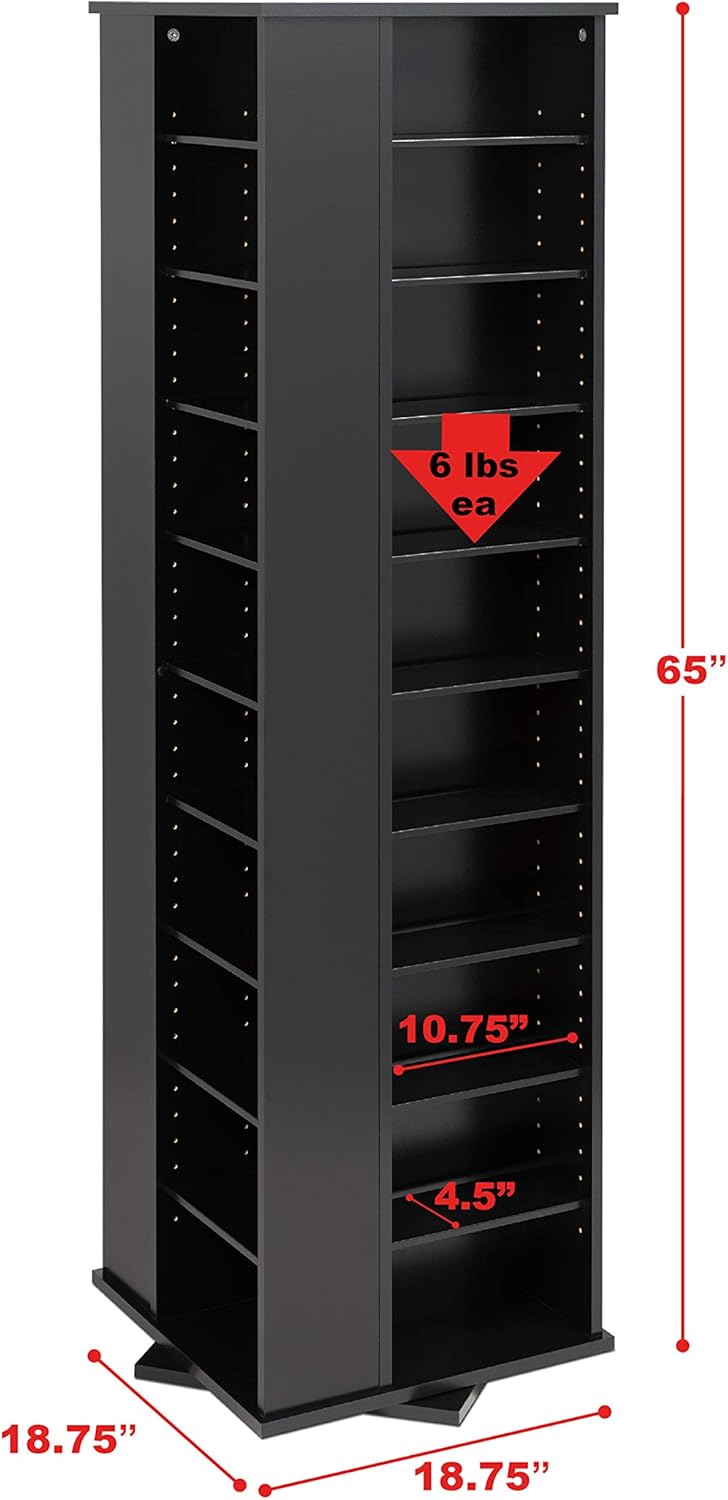 Prepac 4 Sided Revolving Display Cabinet, Black Storage Cabinet with 36 Adjustable Shelves Narrow DVD Storage Cabinet Ideal for Living Room 18.75" D x 18.75" W x 65" H