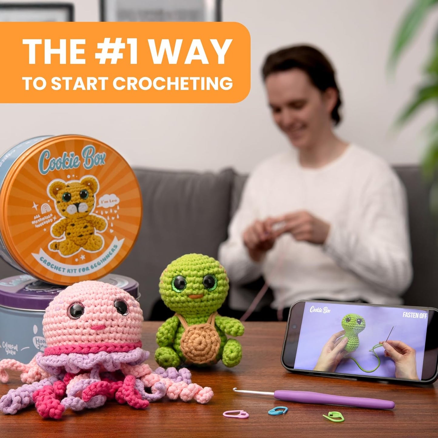 Cookie Box Crochet Kit for Beginners β Gift Set to Make Bear Bruno Amigurumi Plushie β Easy DIY Crochet & Knitting Starter Kit with Video and PDF Tutorials