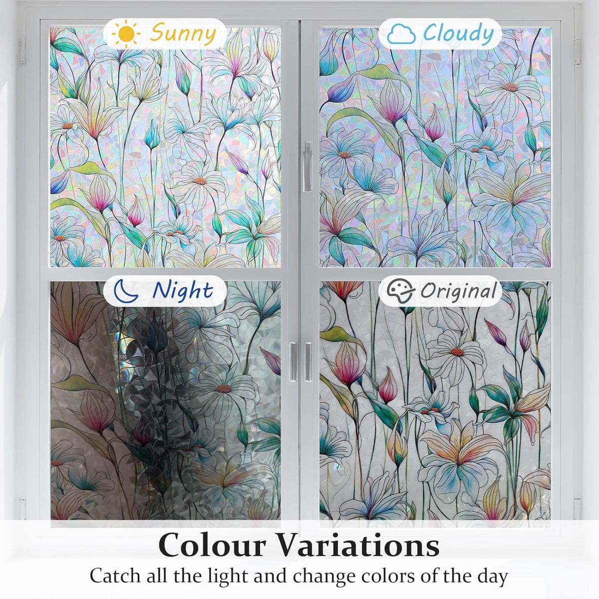 Donox Decorative Window Privacy Film, 3D Floral Stained Glass Window Film Static Cling Rainbow Privacy Sticker for Glass Door Heat Control Anti UV, No Adhesive (Magnolia,35.4 x 78.7 inches)