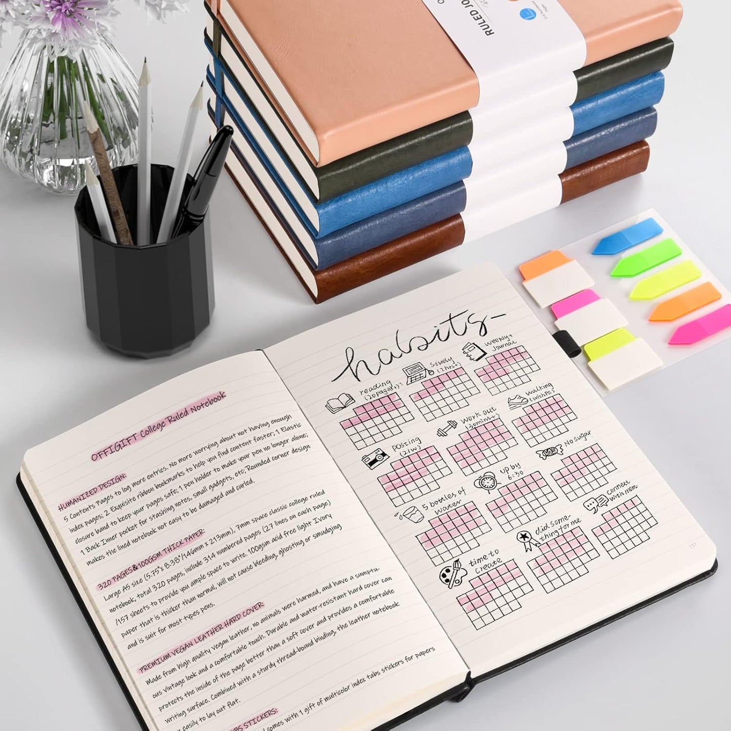 5 Pack College Ruled Notebook, 312 Numbered Pages Thick Notebooks Bulk, 100gsm No Bleed Paper Hardcover Leather Journal, Lined Journal Notebook Set for Women Men School Office, A5, Green