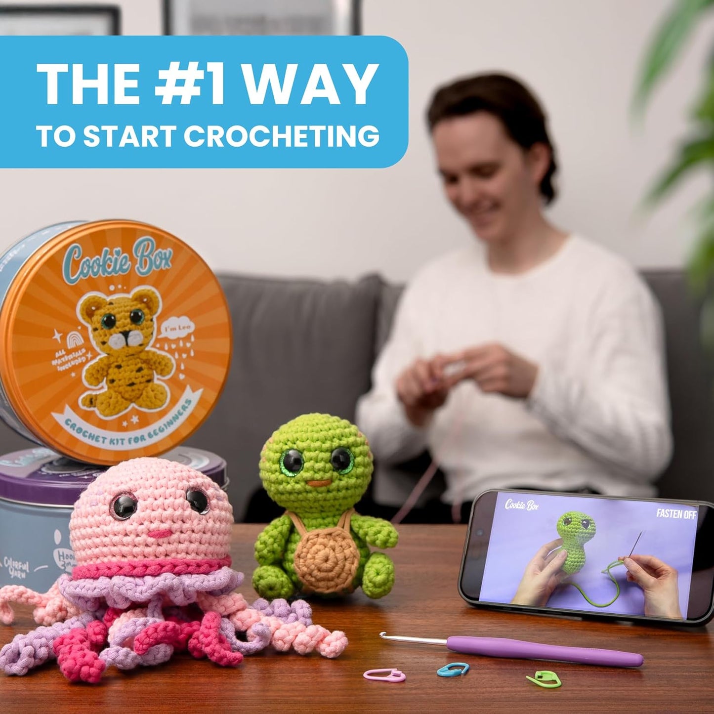 Cookie Box Crochet Kit for Beginners β Gift Set to Make Leopard Leo Amigurumi Plushie β Easy DIY Crochet & Knitting Starter Kit with Video and PDF Tutorials