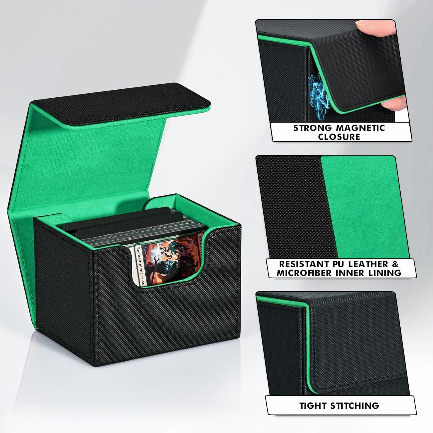 ZLCA Card Deck Box for Trading Cards, MTG Commander Deck Box Holds 120+ Single Sleeved, Leather Magnetic Card Storage Case Fits for TCG CCG Magic(Black& Dark Green)