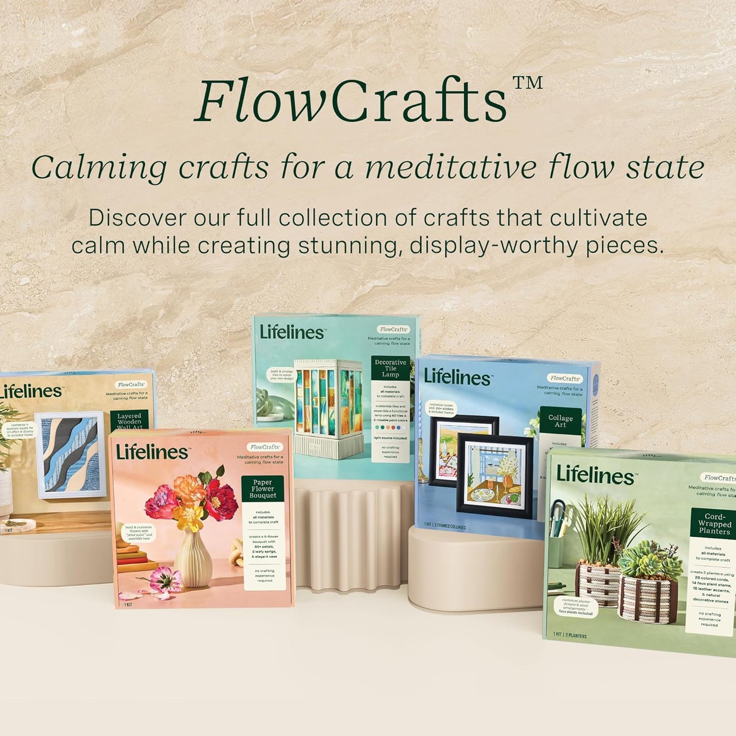 Lifelines FlowCrafts, Cord-Wrapped Planters - Create 2 Unique Planters with Cords in Multi-Colors, Leather Accents, Faux Plant Stems & Decorative Stones - Sensory Arts & Crafts Kit for Teens & Adults