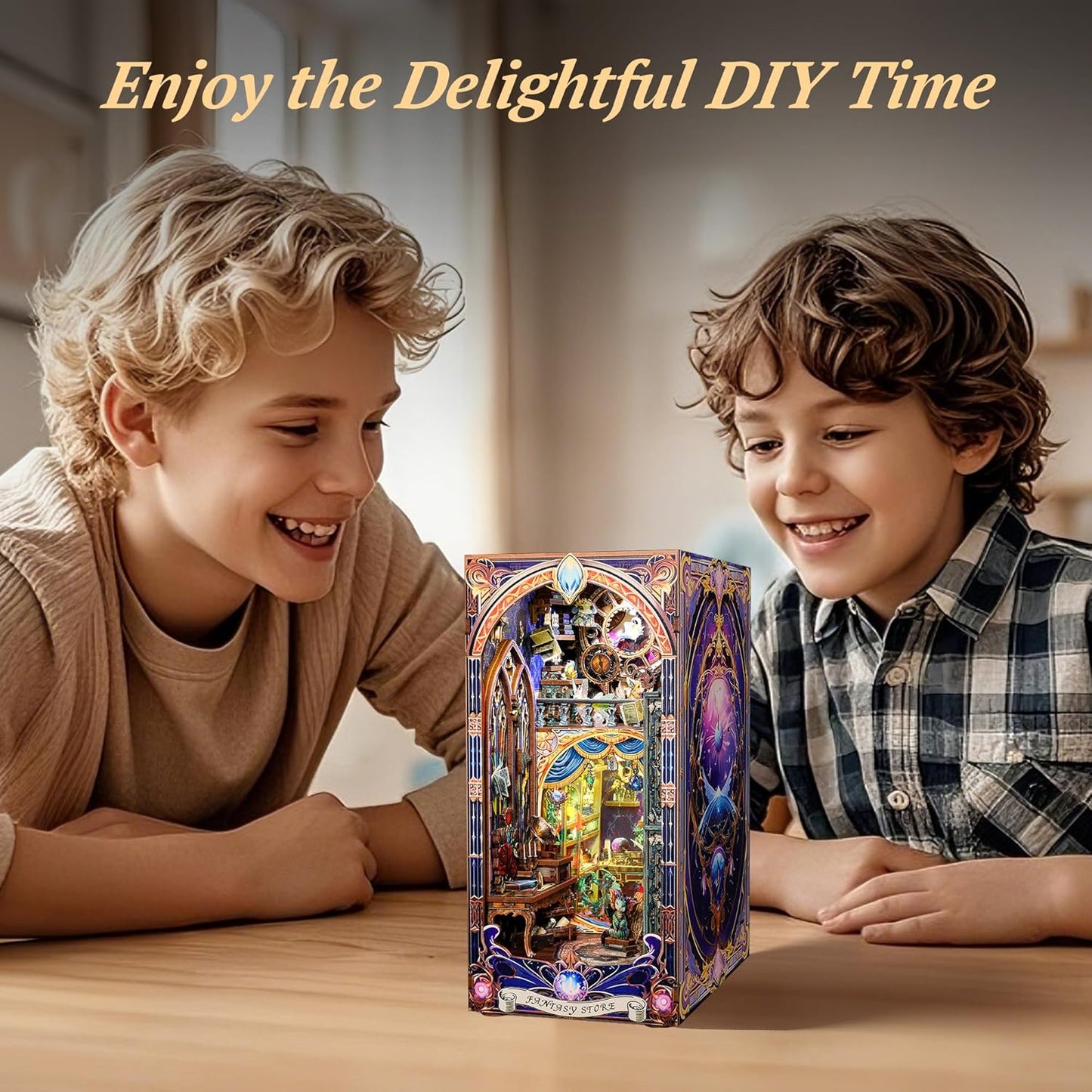 3D Wood Puzzle Book Nook Kit, Fantasy Store Bookshelf Insert with LED Lights, DIY Magical Miniature Bookend Décor for Display, Unique Craft Gift for Adults and Teens (Fantasy Store)
