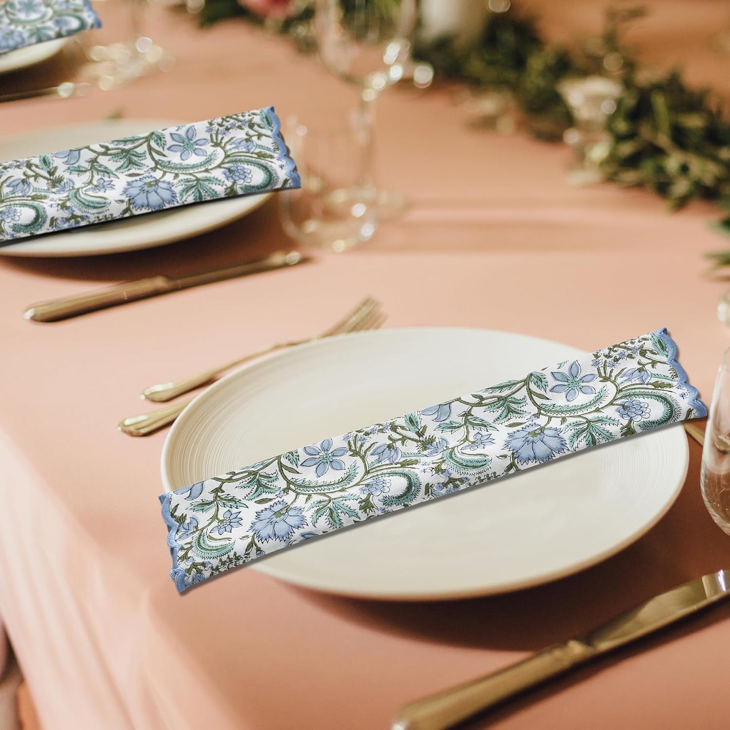 Ridhi Columbia BlueHand Block Print Napkins 18" x 18" Set of 4 Reusable Cotton Dinner Napkins for Weddings, Parties & Everyday Dining, Thanksgiving, Christmas, Fall
