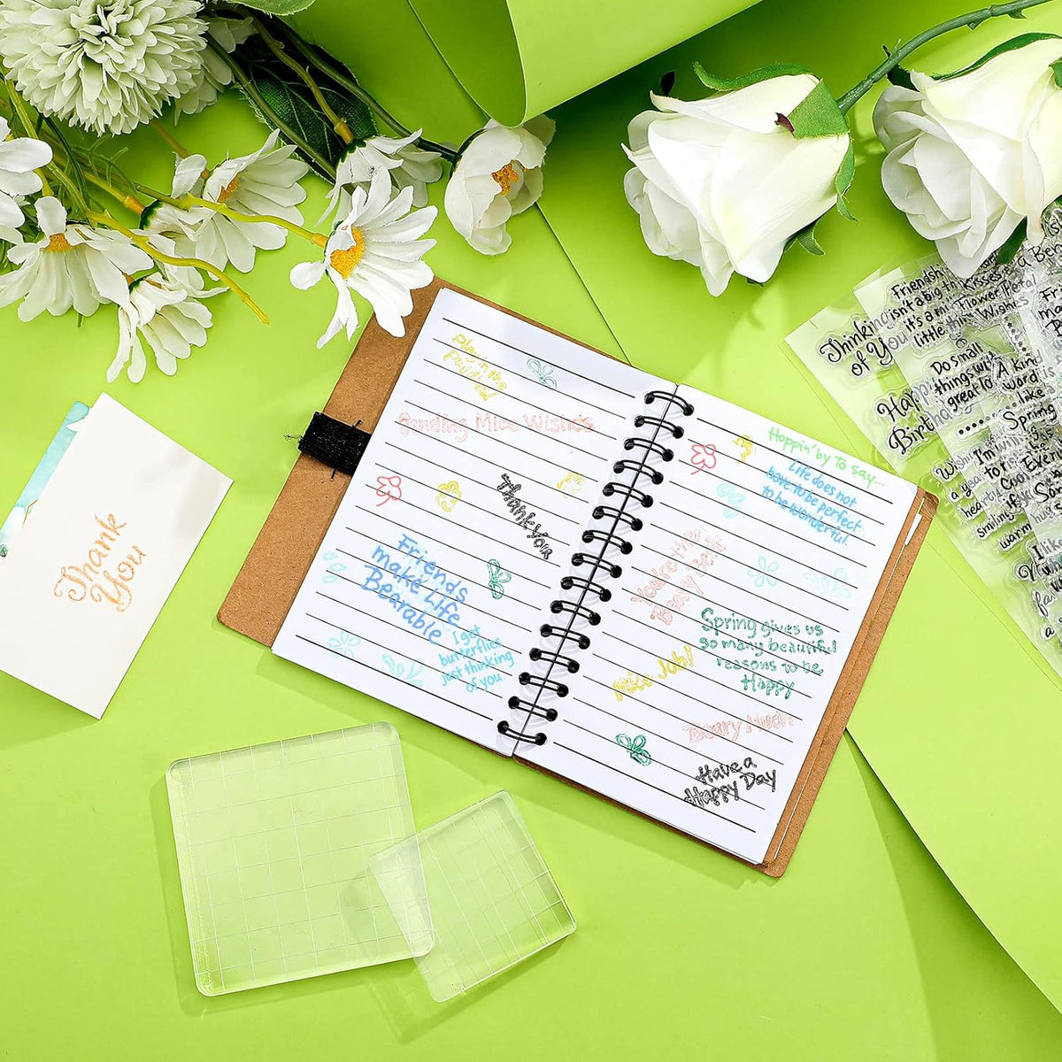 4 Sheets Sentiments Rubber Clear Stamps Set for Card Making and DIY Scrapbooking Journaling 2 Acrylic Stamp Blocks with Grid Lines for Birthday Wedding Wife Husband Anniversary Special Occasion Cards