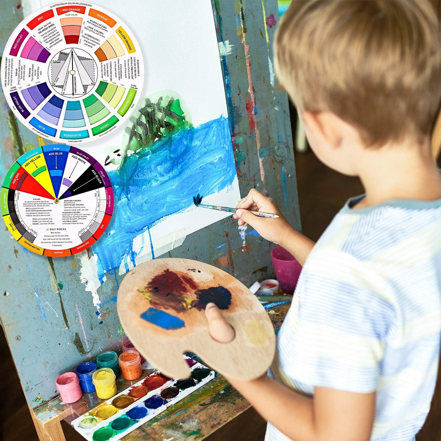 4 Pcs Color Wheel, Paint Mixing Learning Guide Art Class Teaching Tool - Blending Board Chart - Mix Colors (5.5 Inches, 9 Inches)