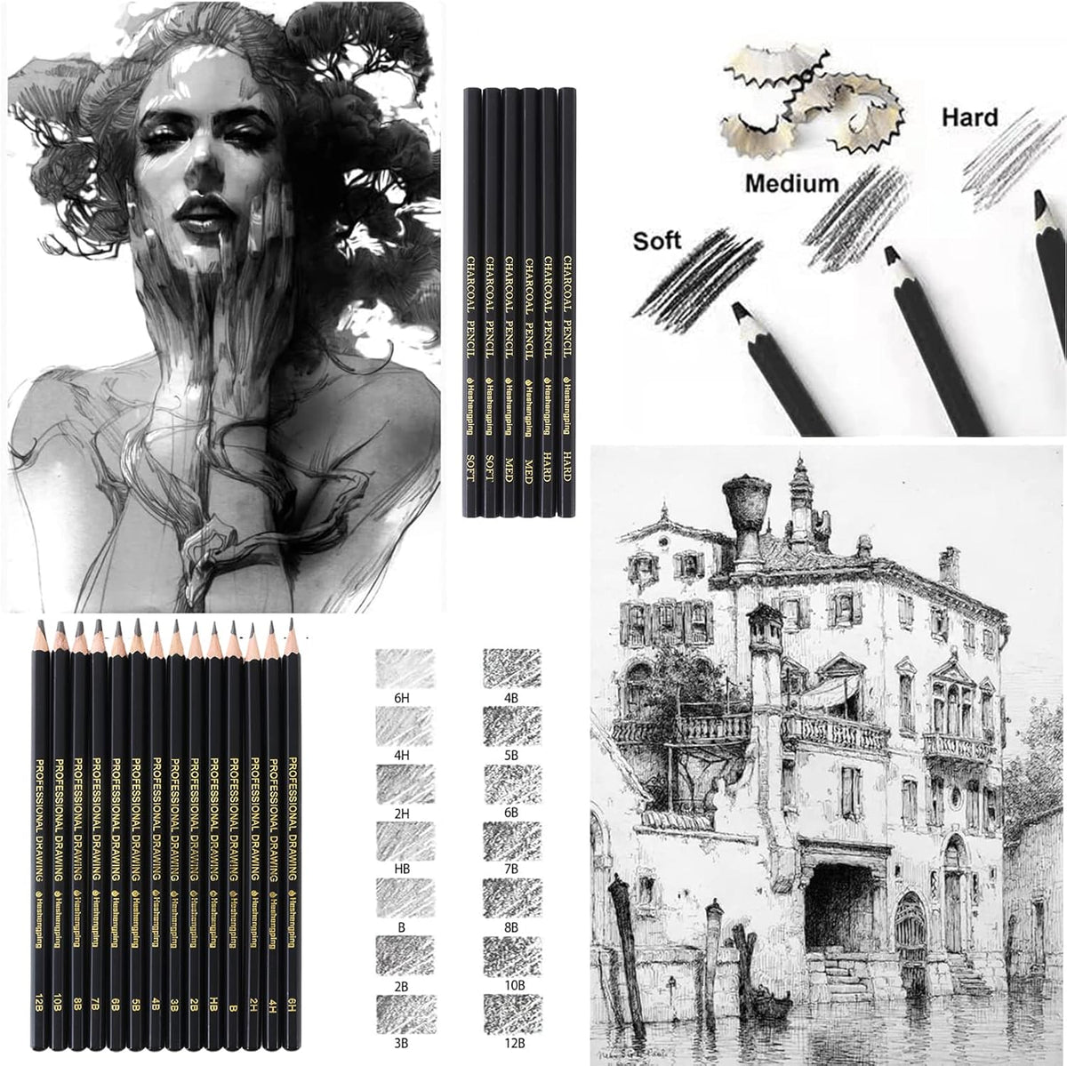 Heshengping, Sketching and Drawing Pencils Set-26 pack, Art Supplies Drawing Kit,Graphite Charcoal Pro Pencil Set, Adults Beginners Artists