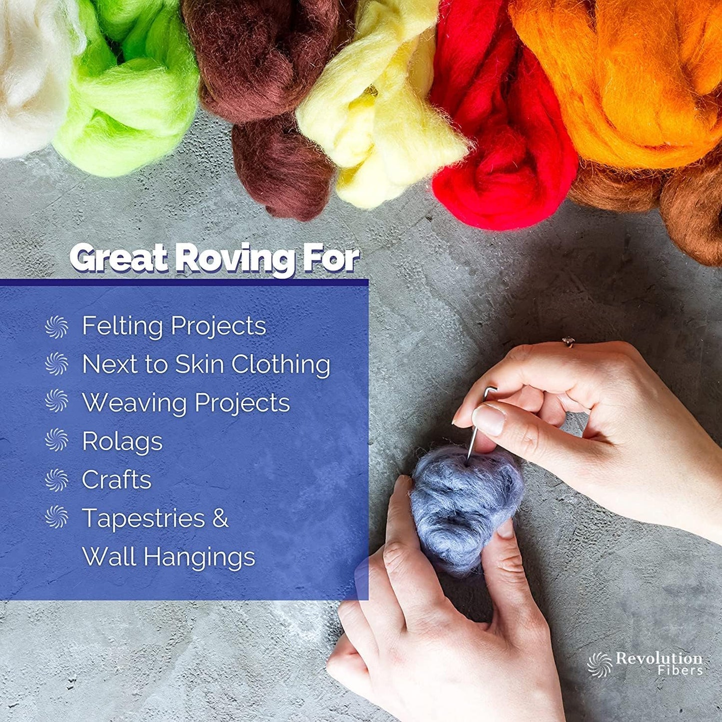 Revolution Fibers Merino Wool Roving | Premium Combed Wool Top | 22 Micron, Perfect for Felting Projects, Spinning, Wall Hangings and Tapestry (Hyacinth)