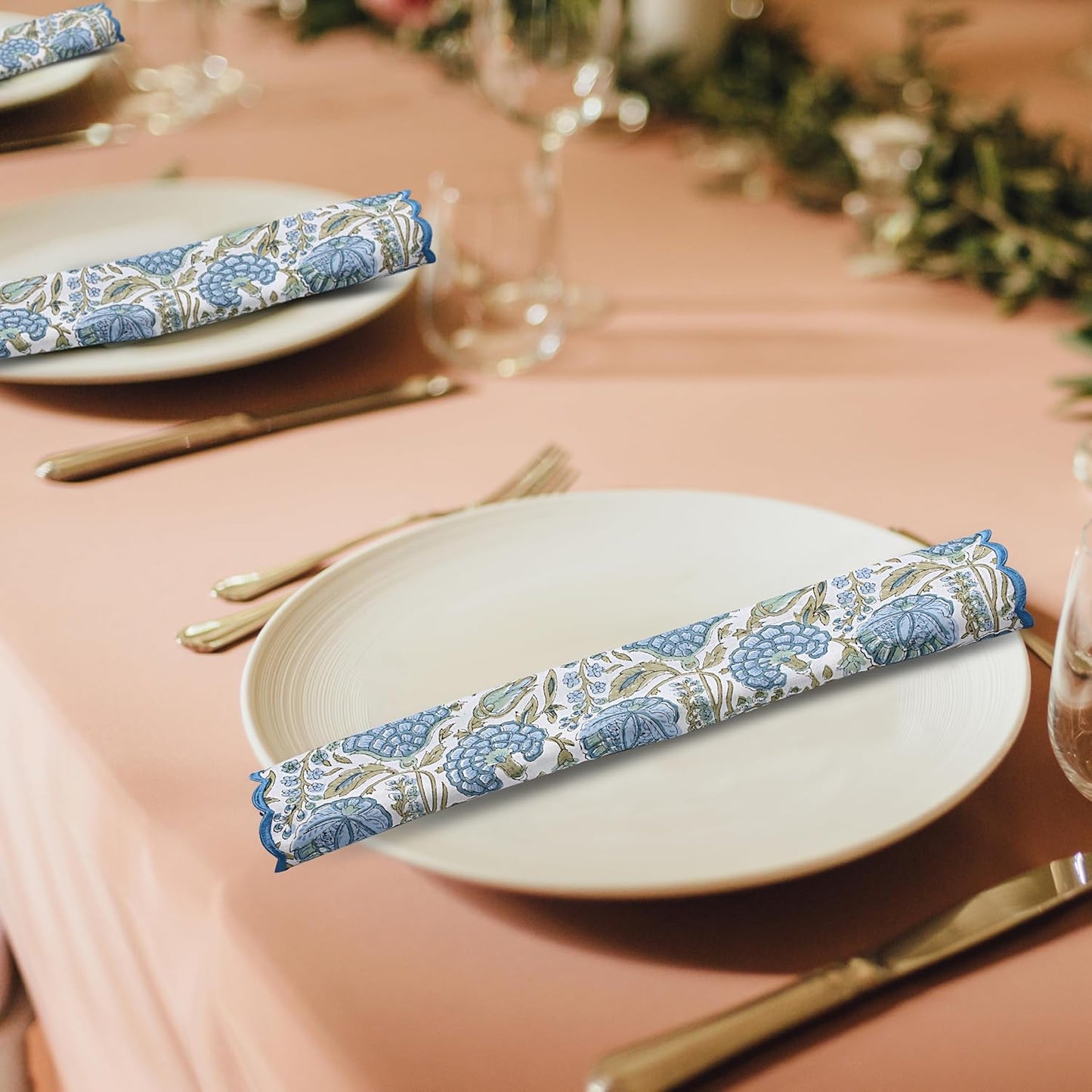 Ridhi Asparagus GreenHand Block Print Napkins 18" x 18" Set of 4 Reusable Cotton Dinner Napkins for Weddings, Parties & Everyday Dining, Thanksgiving, Christmas, Fall