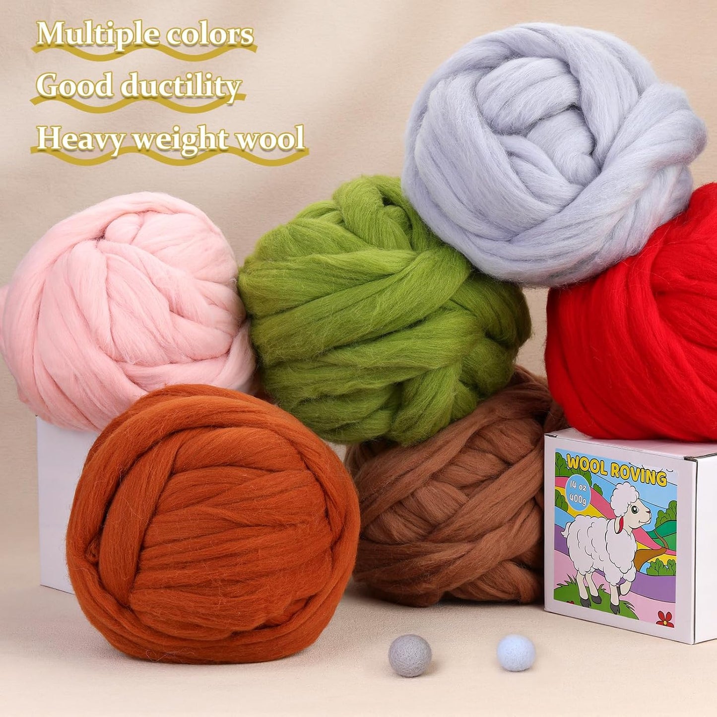QMNNMA 14.1oz Wool Roving Yarn, Fiber Roving Wool Top, Felting Supplies, Chunky Yarn, Handmade Carded Core Wool for Wet Felting DIY Hand Spinning