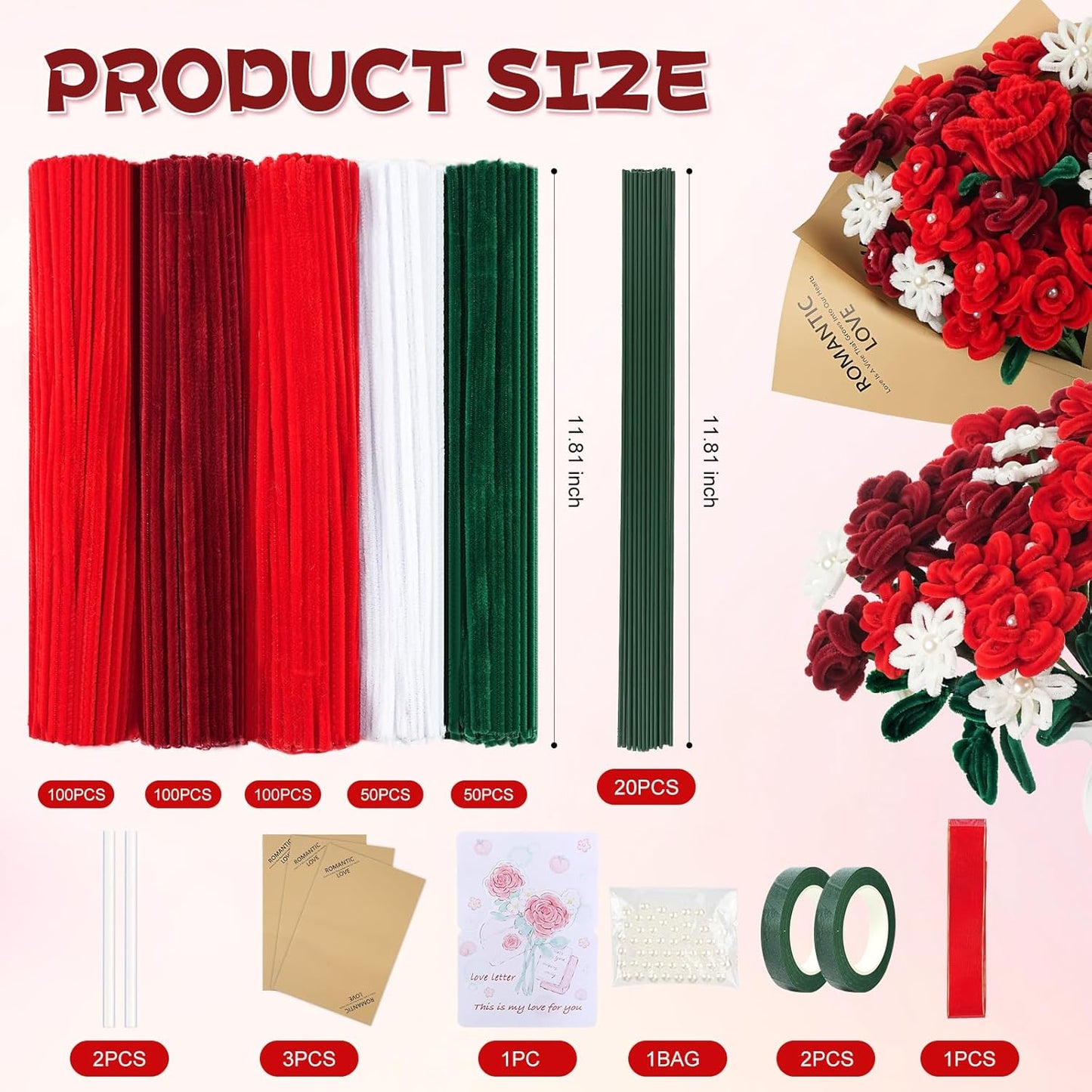 400 Pcs Red Pipe Cleaners for Crafts, 4 Colors Soft Chenille Stems Bulk with Floral Wires, Gardening Tape,Hot Glue Stickļ¼Greeting Card,Bouquet Paper, Pearl & Ribbon, Flowers Craft kit for Christmas