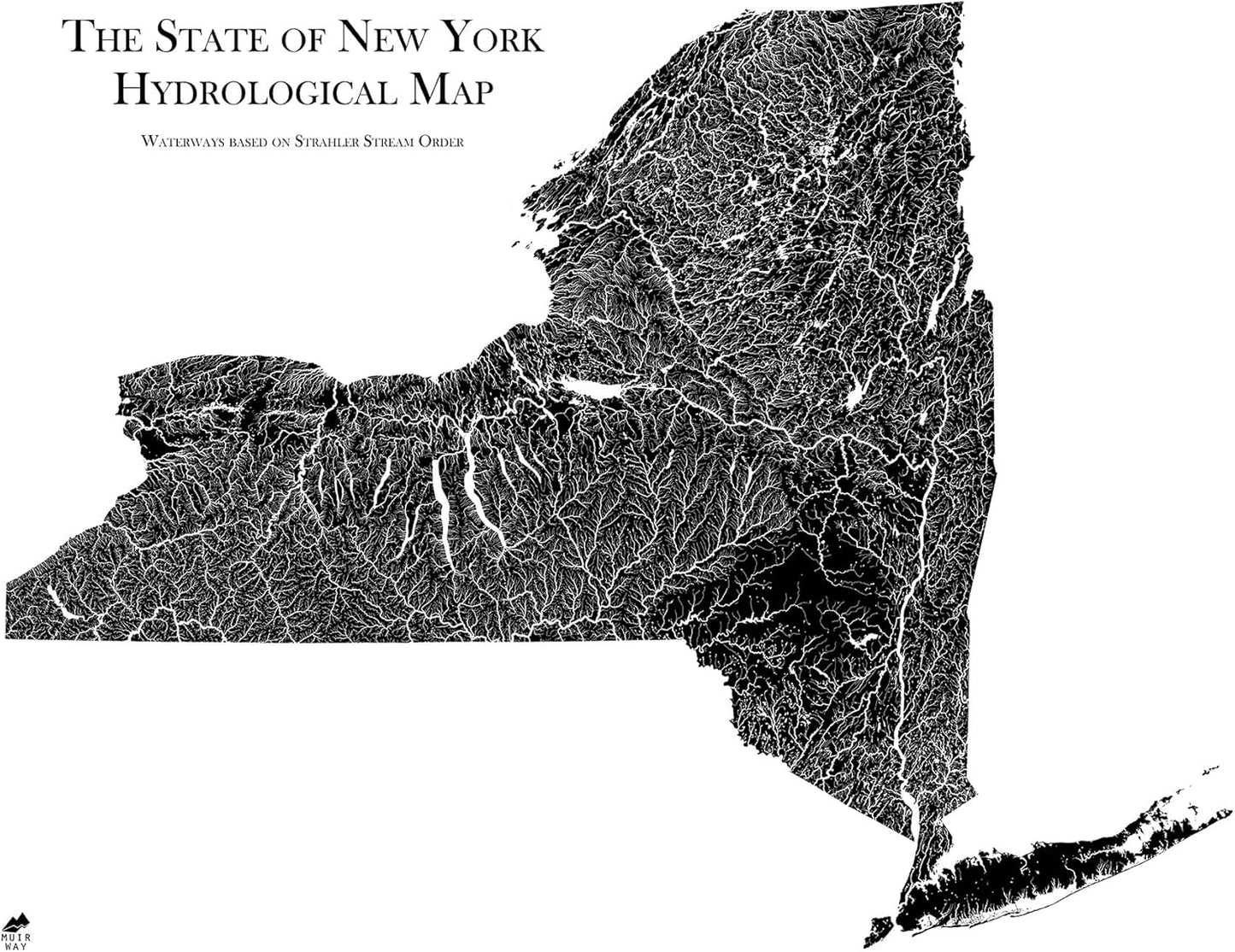 Muir Way Hydrological River Map of New York - Watershed Topographic Wall Art for Home, Office, or Travel Decor - Unframed Flat Paper Print, 18x24