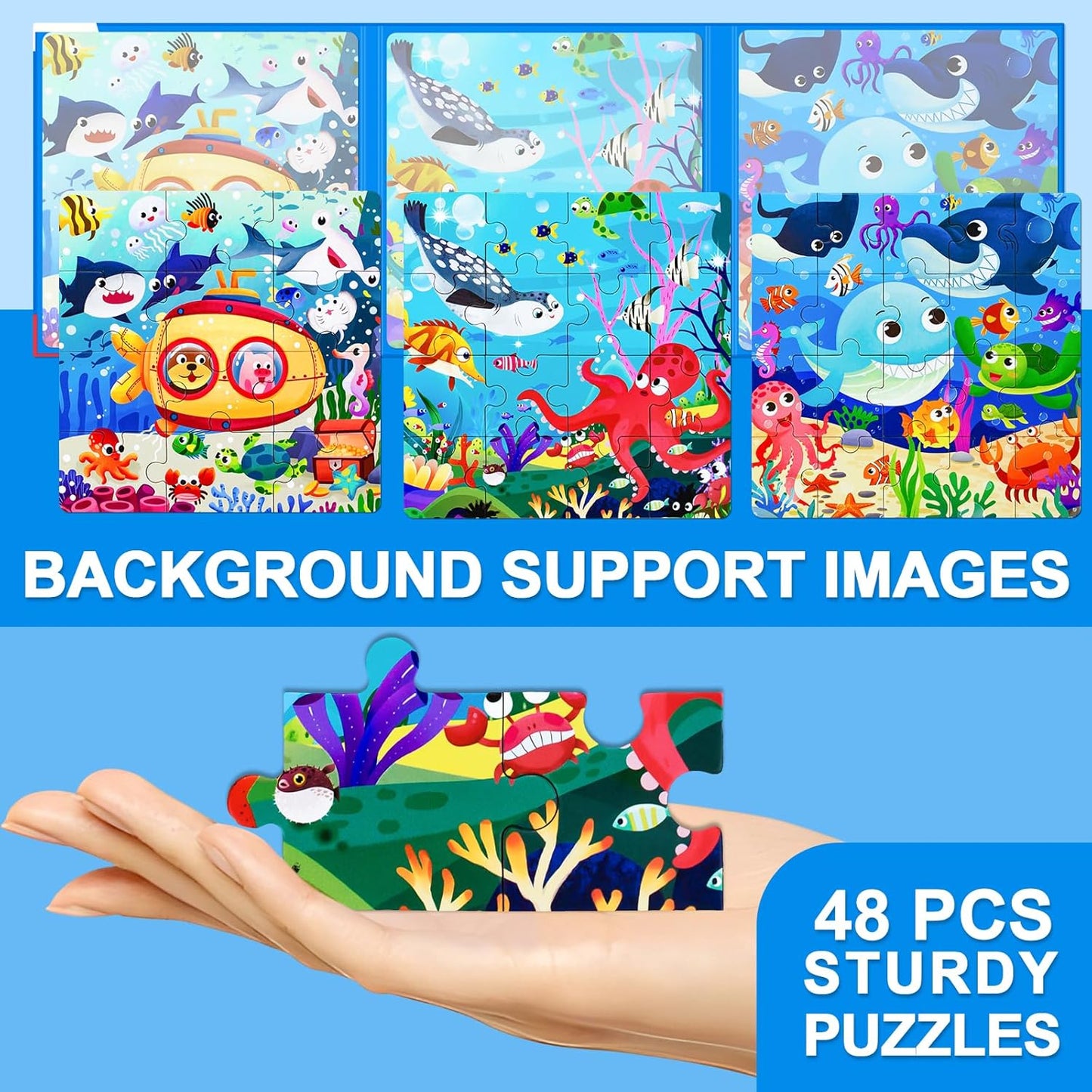 Magnetic Puzzles for Kids Ages 3-5, 3 in 1 Ocean World Toddlers Magnet Jigsaw Puzzle Book, Kids Travel Puzzles Toys, Preschool Learning Toy for Kids 3-8 Year (Ocean World)