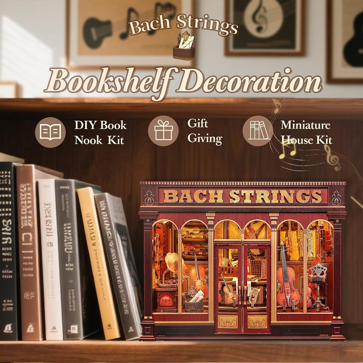 CUTEBEE Book Nook Kit - DIY Miniature House Dollhouse Kit for Adult and Teens, Booknook Bookshelf Decor Alley Model Build with LED Light, Gifts for Family and Friends (Bach Strings)