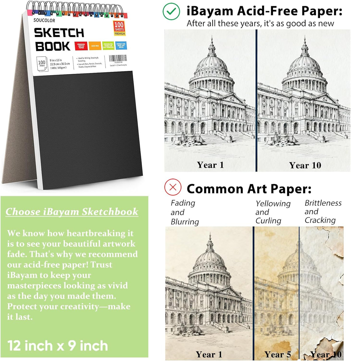 Soucolor 9" x 12" Sketch Book, 1-Pack 100 Sheets Spiral Bound Art Sketchbook, (68lb/100gsm) Acid Free Artist Drawing Book Paper Painting Drawing Writing Sketching Pad for Kids Adult Teens Girls Boys