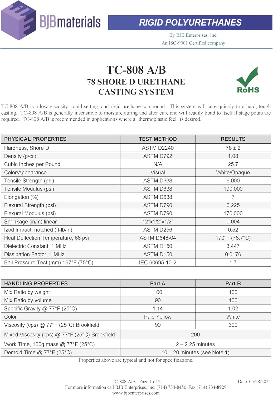 TC-808 Rigid Polyurethane – Shore78D White Casting Resin | Low Viscosity, Fast-Curing, Tough Urethane for Durable Parts, Prototypes, Models & Fixtures (4 lbs / 2 Qt Kit)