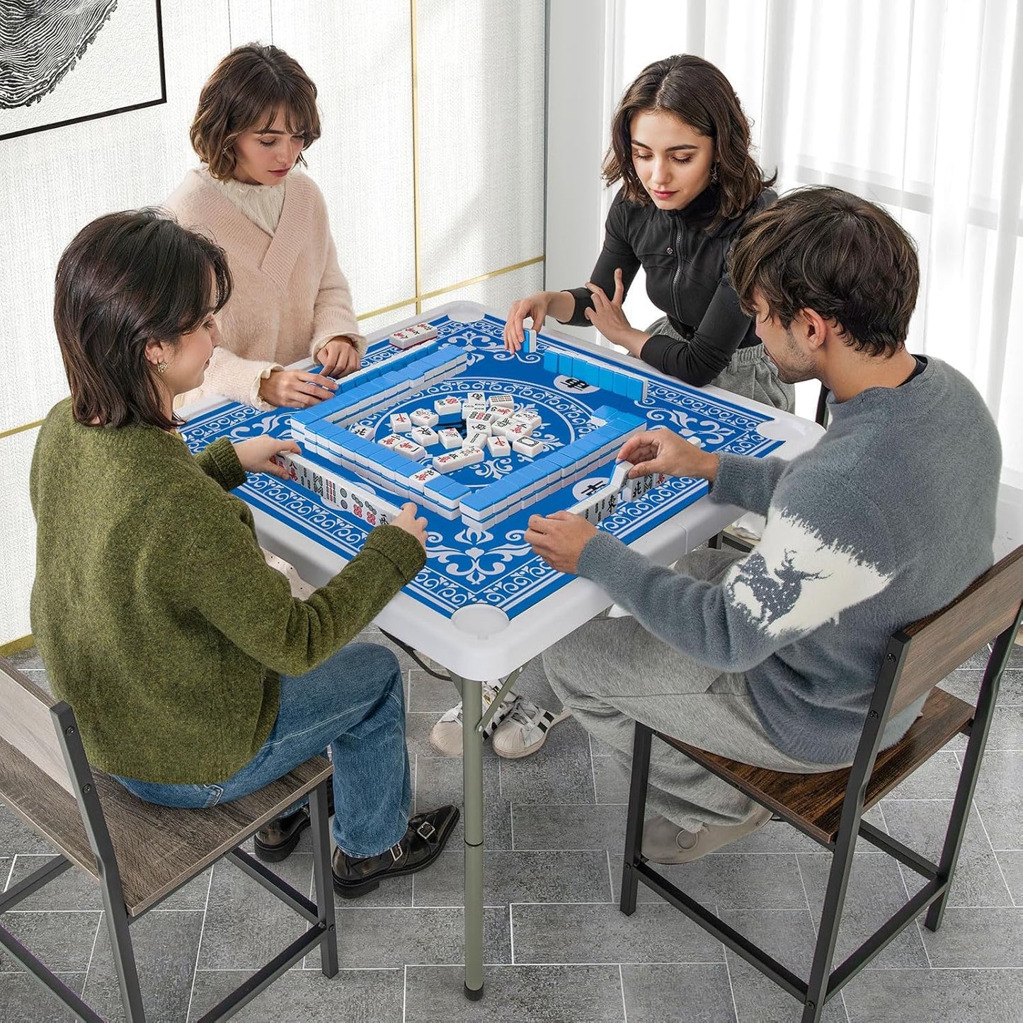 Giantex Folding Mahjong Table, 35" Square Card Table with Cup Holders, Removable Noise Reduction Mat, HDPE Tabletop, 4-Player Portable Domino Tables for Poker Blackjack Board Game (Blue)