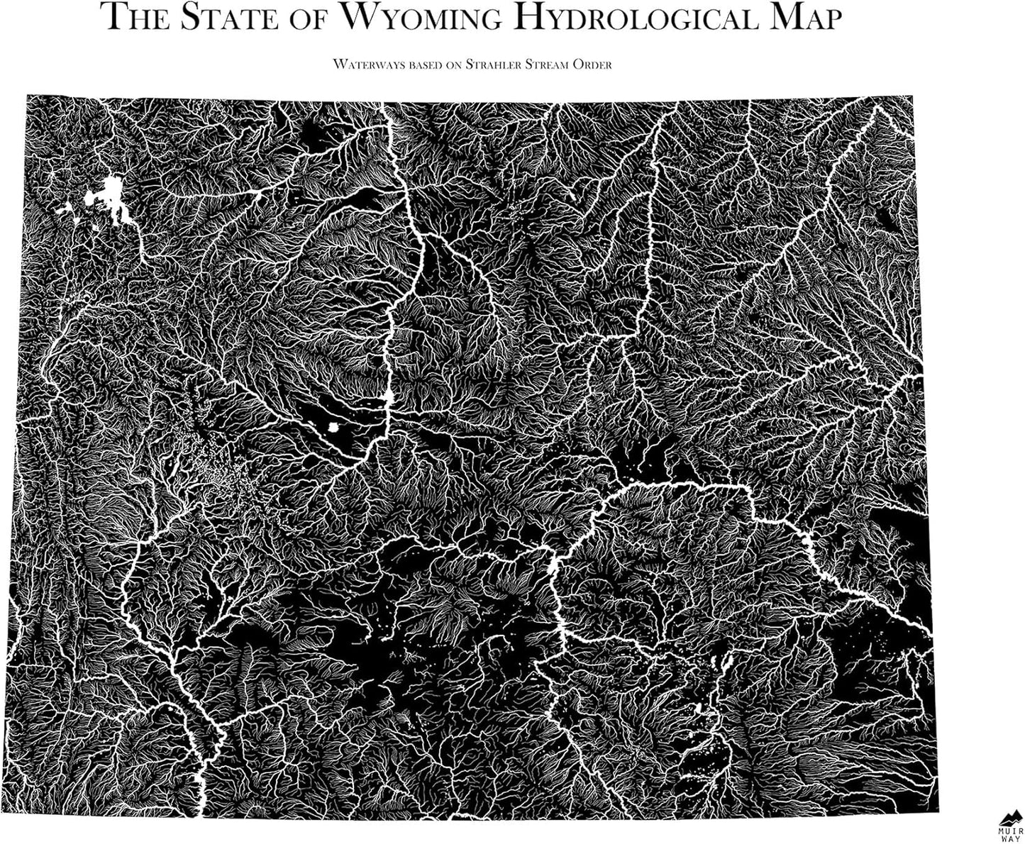 Muir Way Hydrological River Map of Wyoming - Watershed Topographic Wall Art for Home, Office, or Travel Decor - Unframed Flat Paper Print, 24x30
