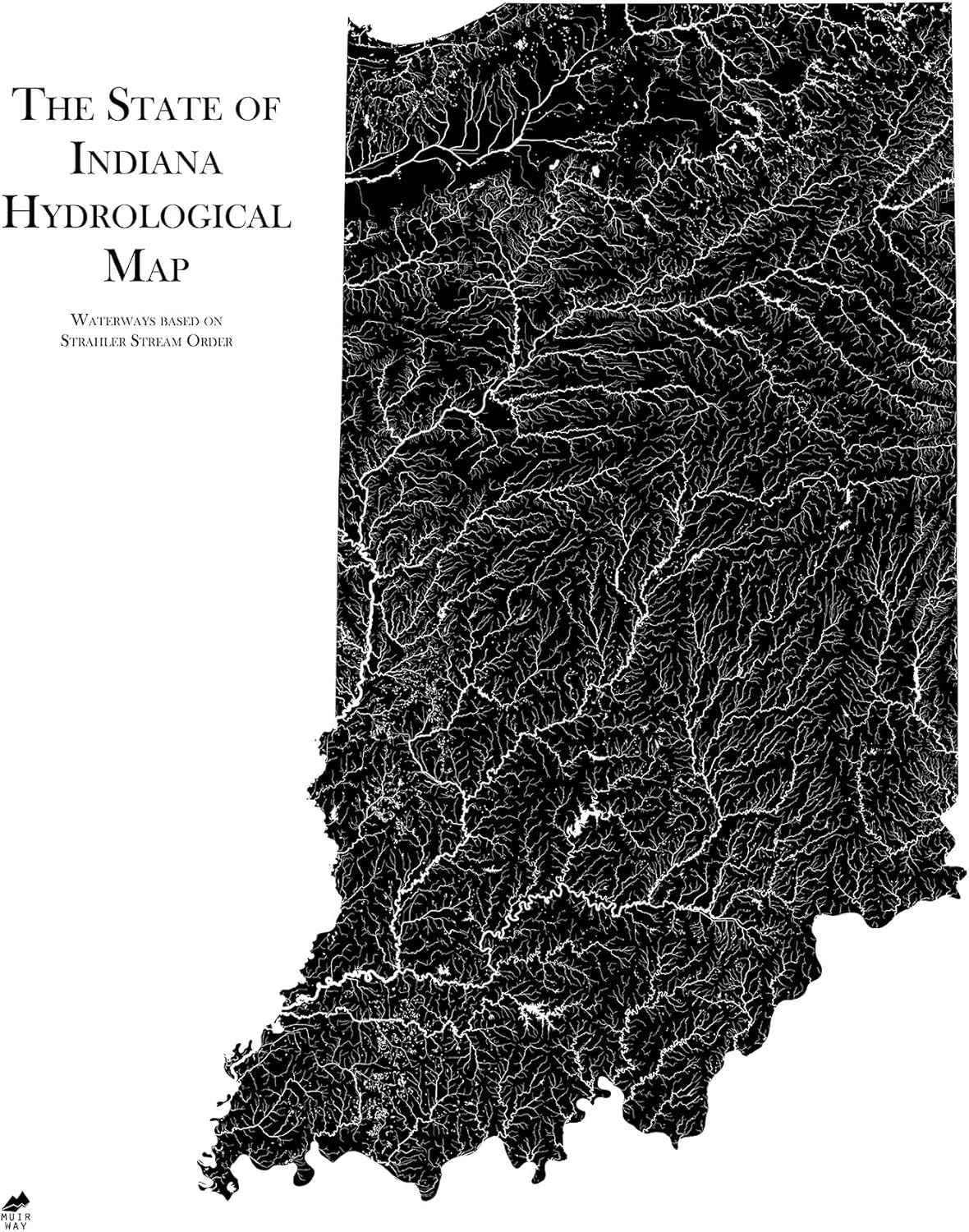 Muir Way Hydrological River Map of Indiana - Watershed Topographic Wall Art for Home, Office, or Travel Decor - Unframed Flat Paper Print, 24x30