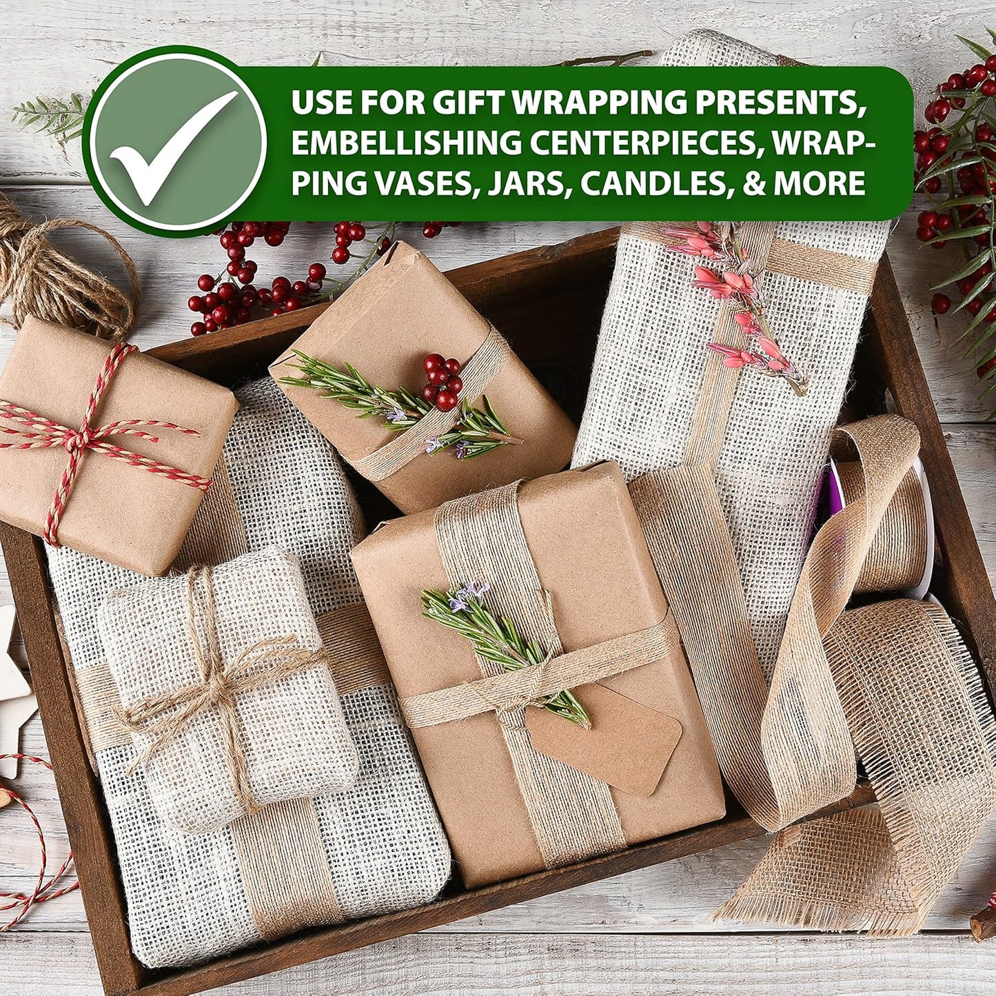 Mandala Crafts White Burlap Ribbon 1.5 Inches Wide Jute Ribbons for Crafts - 20 Yds Roll Rustic Burlap Wrap Trim Ribbons for Wreaths Bows Wedding Party Decoration