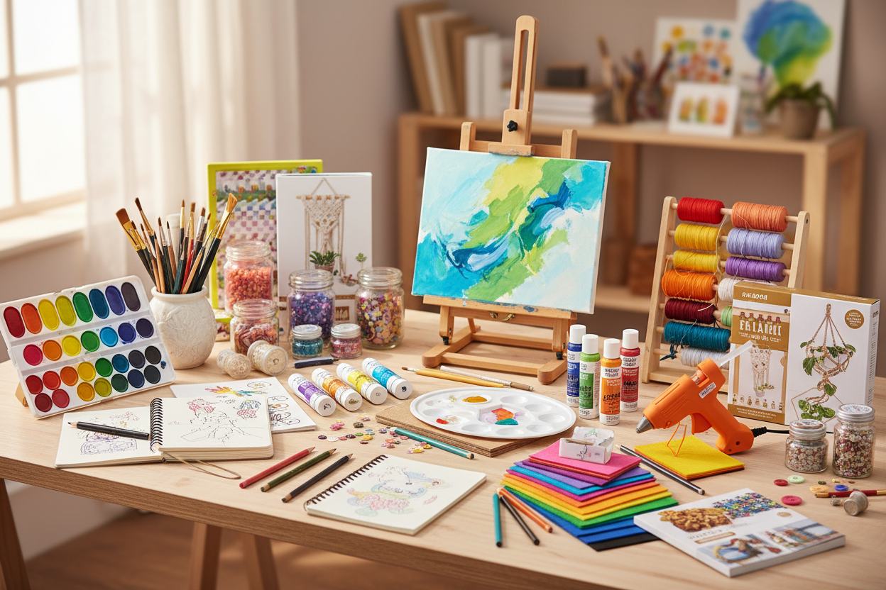 1️⃣ Arts & Crafts (아트 & 크래프트)

• Drawing & Painting
– Sketchbooks, Drawing Pencils, Watercolor Sets, Acrylic Paints, Brushes, Easels

• Crafting Supplies
– Glue Guns, Craft Kits, Decoupage, Foam Sheets, Felt, Beads

• DIY Kits
– Candle-Making, Soap-Making, Build-Your-Own Craft Kits

• Sewing & Needlework
– Sewing Machines, Threads, Fabrics, Embroidery Kits, Quilting Supplies

• Kids’ Art
– Finger Paints, Activity Kits, Craft Boxes