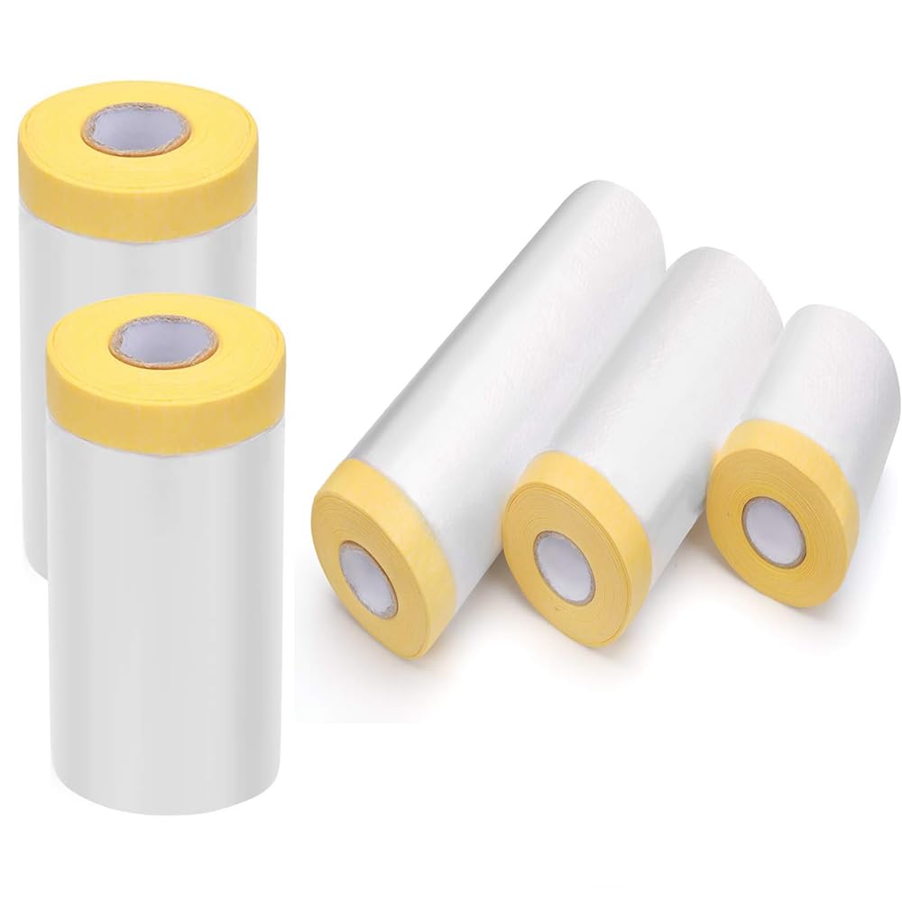 Pre-Taped Masking Film-22inx65ft Tape and Drape Painters Plastic Rolls, Plastic Painting Film for Automotive Painting Covering,Protective Drop Film for Furniture, Car, Floor (2rolls, 22in×65ft)