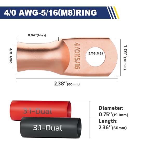 haisstronica 10pcs 4/0 AWG - 5/16"(M8) Battery Cable Lugs, Heavy Duty Copper Wire Lugs with 10pcs 3:1 Adhesive Heat Shrink Tubing, 0000 Gauge Wire Lugs, Battery Terminal Connector, Battery Cable Ends
