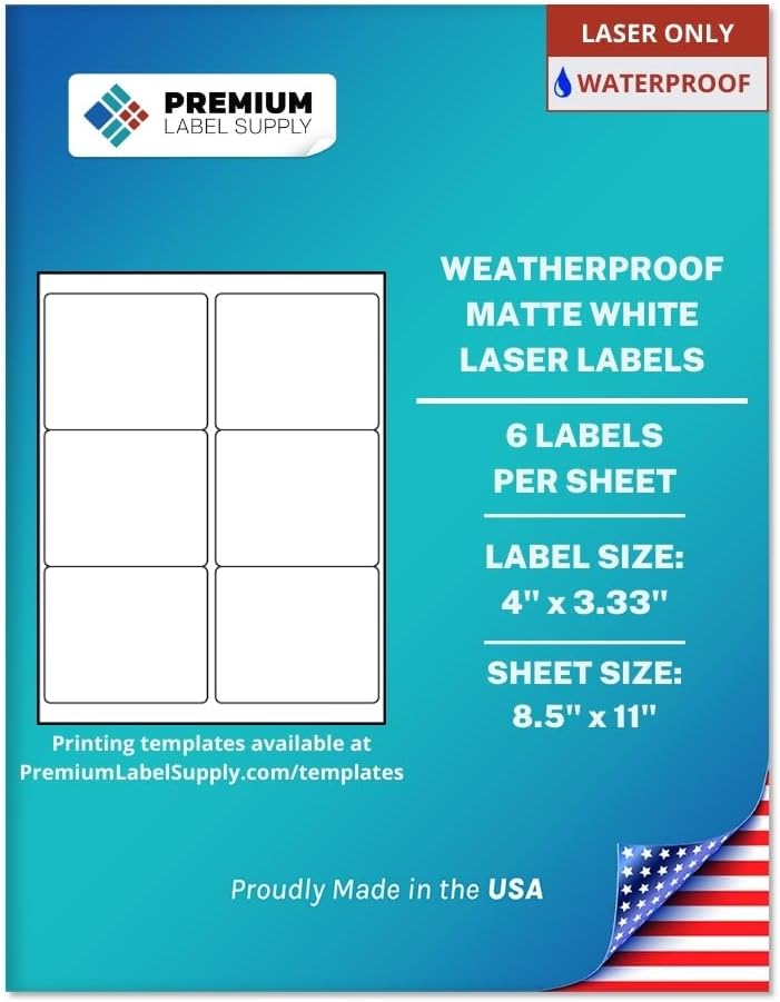 Premium Label Supply Waterproof Matte White Sticker Labels – 4" x 3.33" – Laser Printers Only – (6 per Sheet), 100 Sheets - 600 Total Adhesive Labels