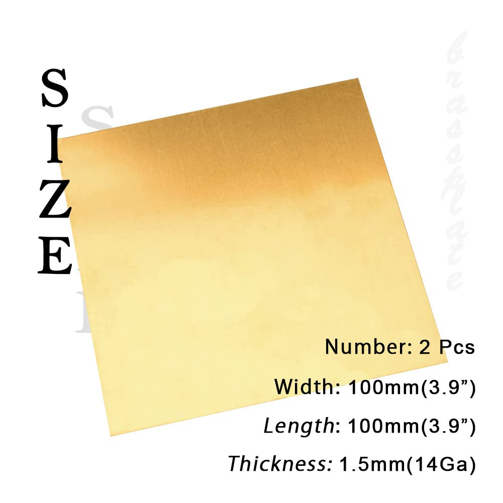 14 Gauge Brass Sheet，H62 Brass Plates Metal 0.059" Thickness x 3.9" Width x 3.9" Lenght, for Models, Crafts, Repairs, Electrical, 2Pcs